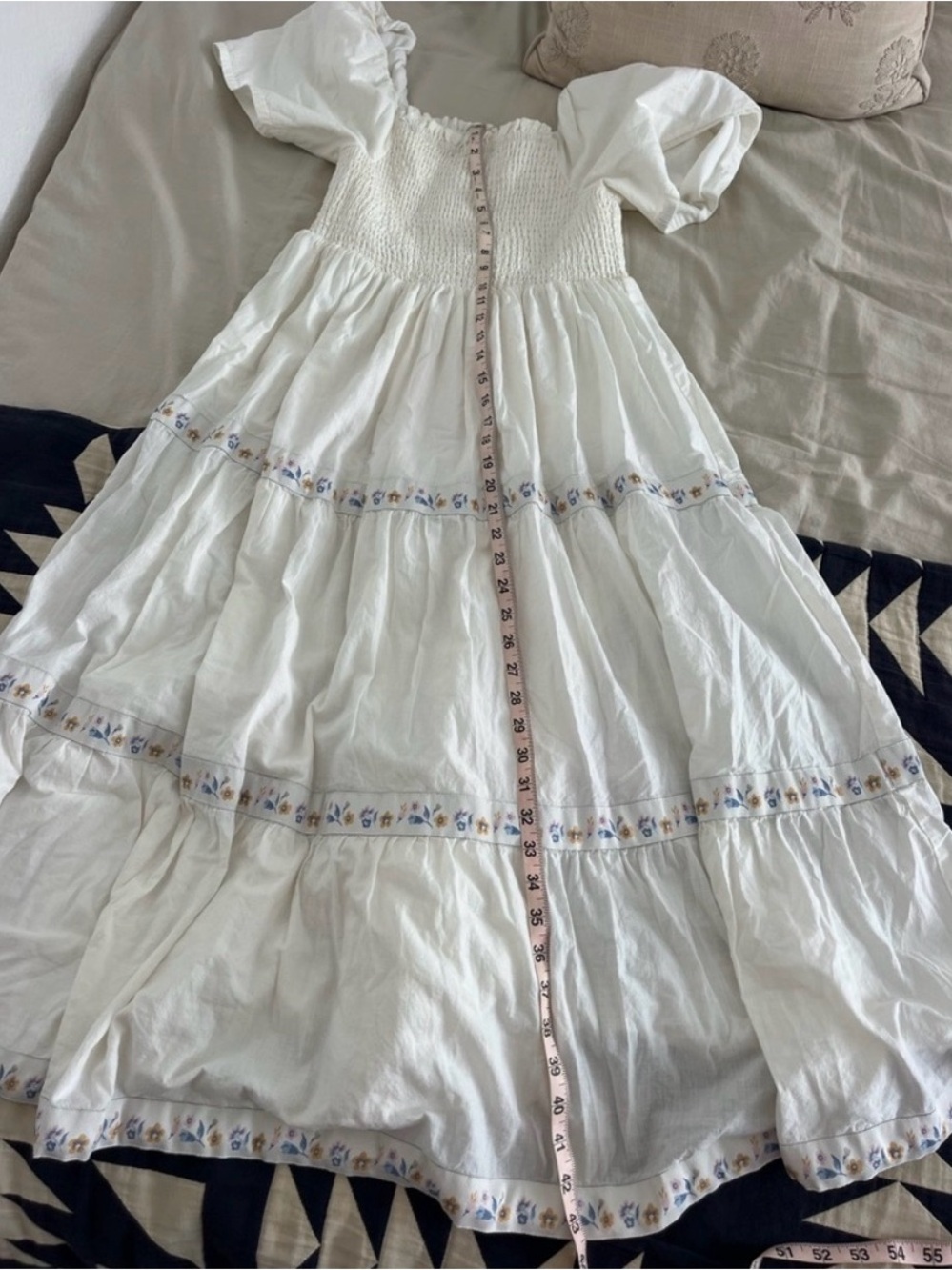 White Smocked Maxi Dress w/ Floral Trim - Picture 2 of 4
